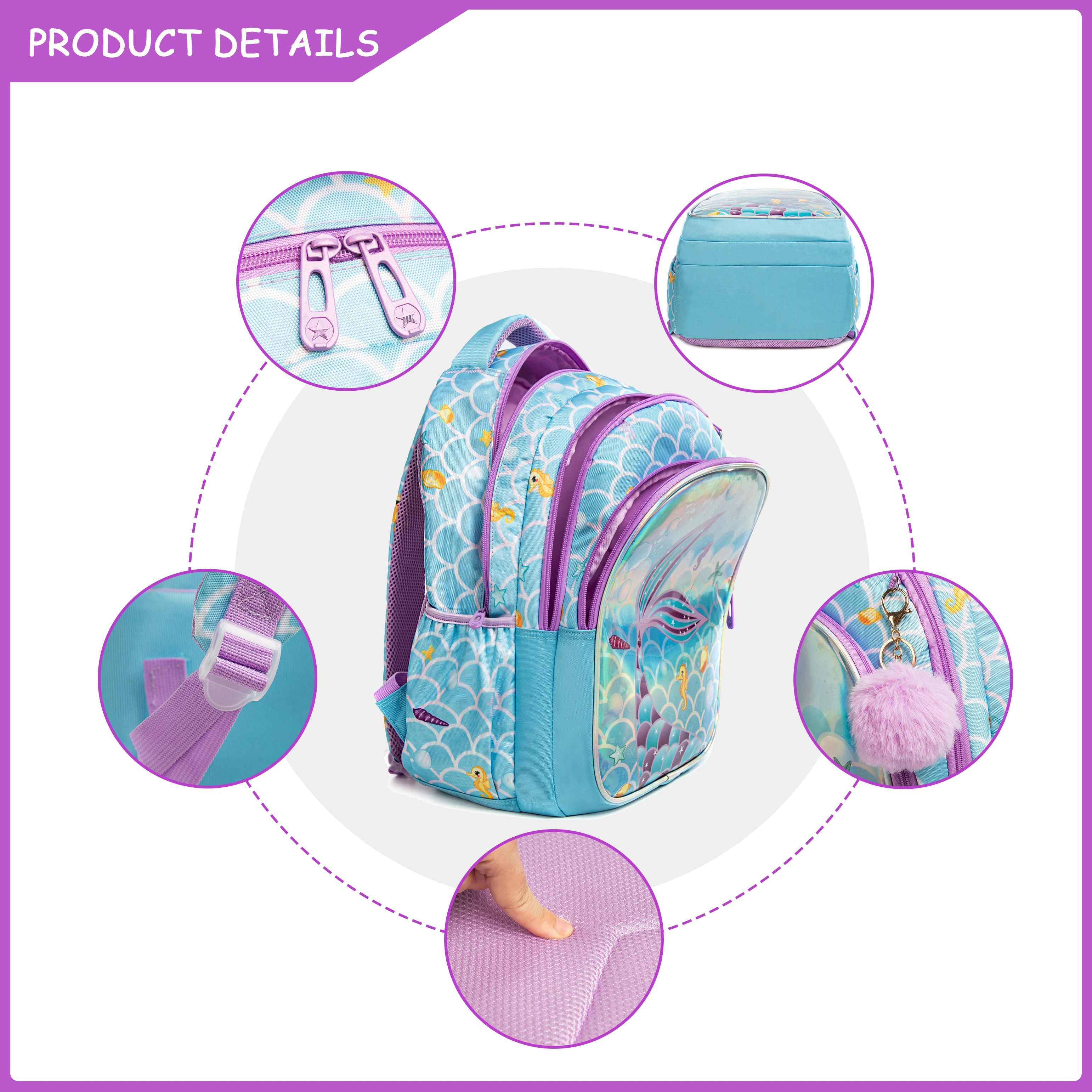 Meetbelify Cute Blue Mermaid Backpacks for Girls Elementary Kindergarten Students with Lunchbag and Penbag