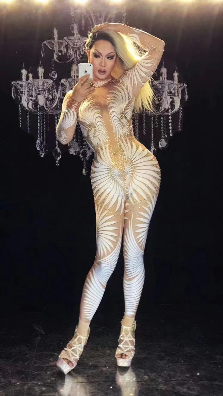 

Sexy Geometric patterns Jumpsuit Sparkly StonesBodysuit Stage Wear bar singer women dancecostume B110