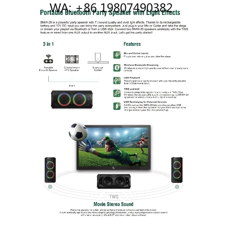 Portable 6.5 Inch Active Speaker Box, with front woofer and LED light, built-in battery for party and daily use