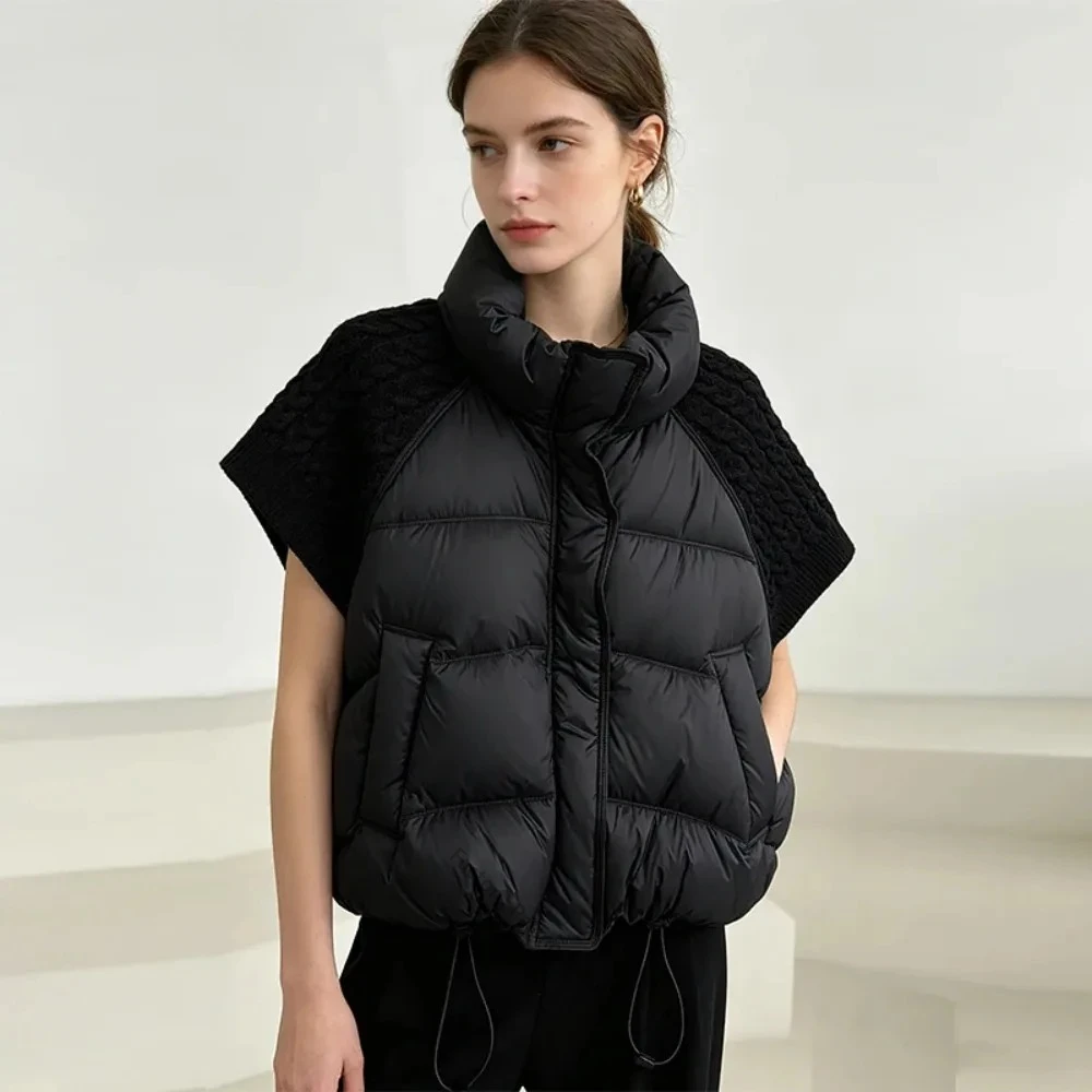 Duck Down Coat Warm Short Puffer Jacket Sleeveless Lightweight Patchwork Knitted Warm Drawstring Short Puffer Down Waistcoat
