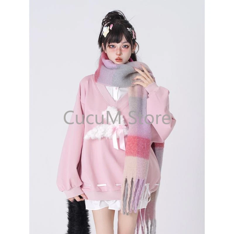 2024 New Casual Loose Hoodies Women All Match Kawaii Sweet Patchwork Sweatshirt Y2k Aesthetic Korean Fashion Harajuku Pullover