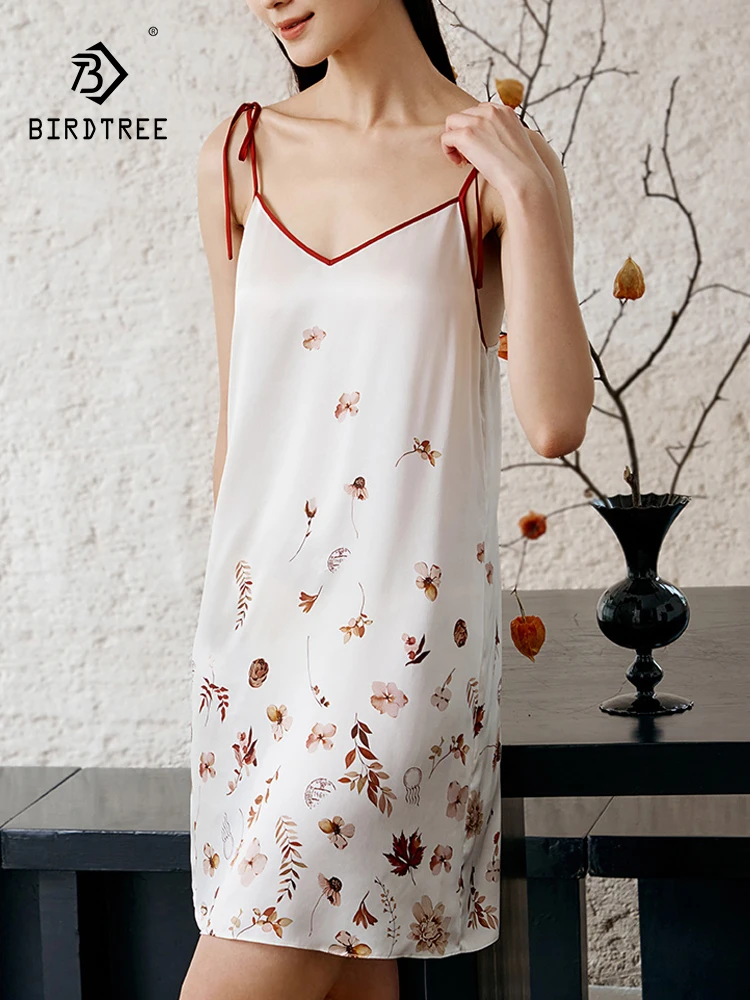 

BirdTree, 100%Mulberry Silk Spaghetti Nightgown, Women V Neck Print, Comfortable Sweet Pajama Dress, 2024 Summer Autum P47658QC