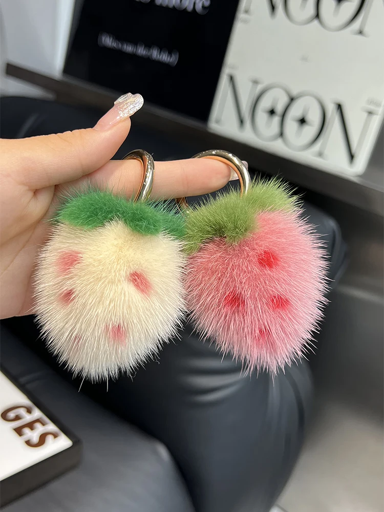 Mini Cute Strawberry Real Mink Fur Key Chains Plush Ball Toy Women\'s Bag Charm Ornaments Car Keyring Trinkets Cell Phone Pendant