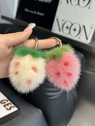 Mini Cute Strawberry Real Mink Fur Key Chains Plush Ball Toy Women's Bag Charm Ornaments Car Keyring Trinkets Cell Phone Pendant