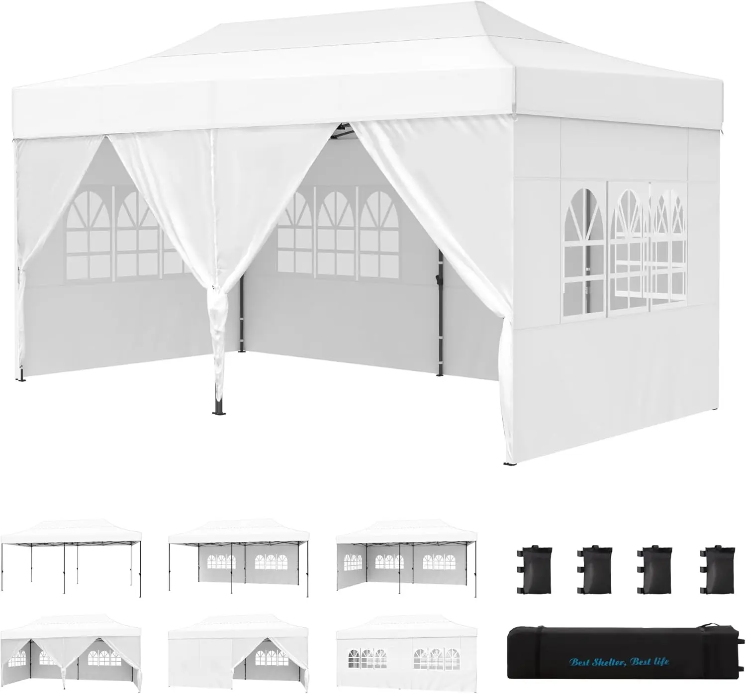 PHI VILLA 10x20 Heavy Duty Pop up Commercial Canopy White Tent with Sidewalls Sun Shade & Waterproof Protection for Outdoor