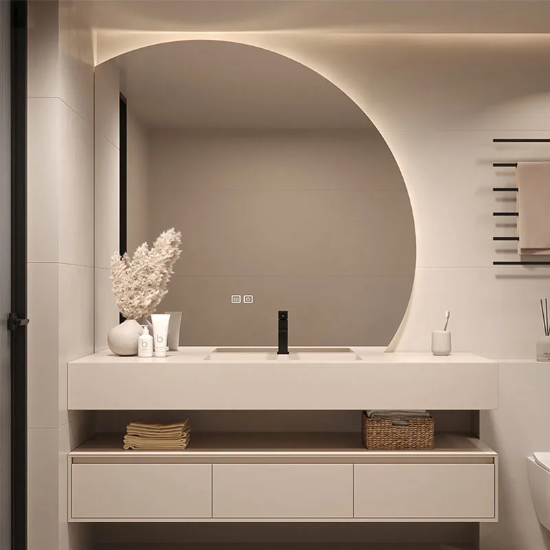 Customized Light Luxury and Simple Rock Plate Bathroom Cabinet Combination Seamless Integrated Basin Double layer