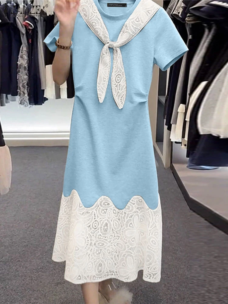 

ZANZEA 2025 Women Lace Long Dress Casual Loose Patchwork Sundress Elegant A-Line Short Sleeve Vestidos Lace-Up Robe Oversized
