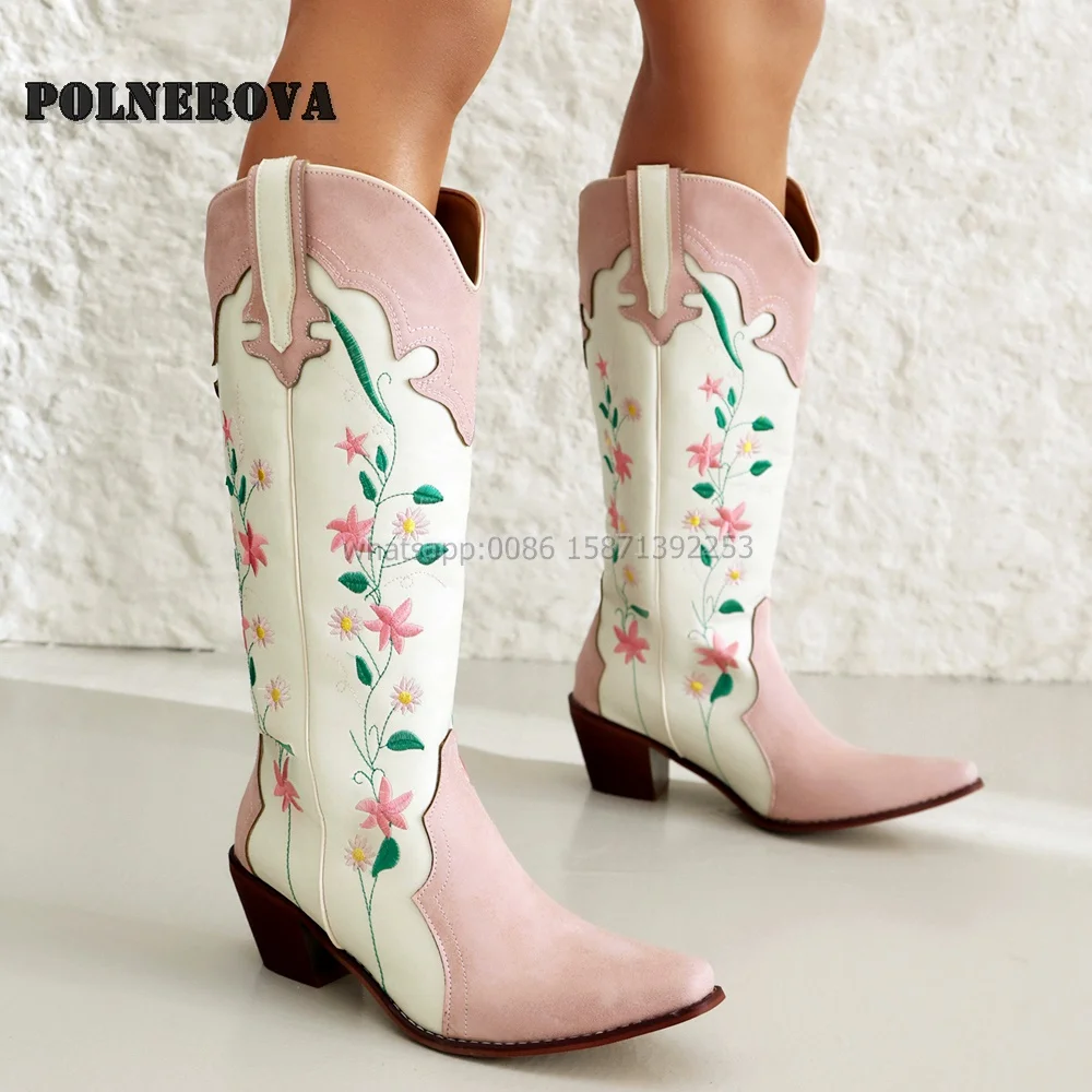 Embroider Mixed Colors Splicing Booty Pointed Toe Chunky Heels V-Cut Large Size Knee High Boots National Style Casual Shoes 2024