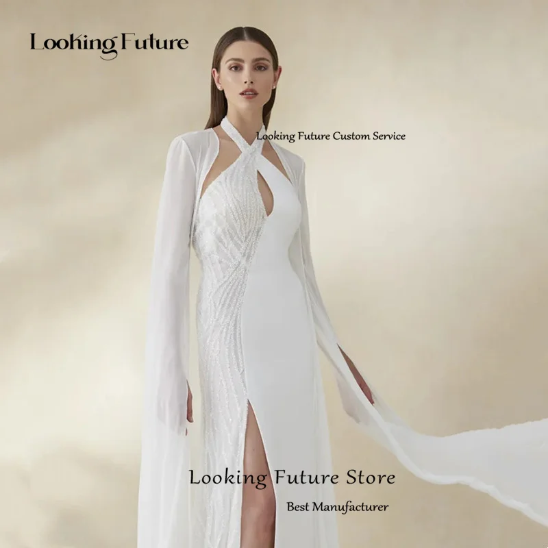 Elegant White Mermaid Satin Halter Cut-out Wedding Dress Simple Pleat High Side Slit Shiny Beading Sweep Train Sexy Backless2024