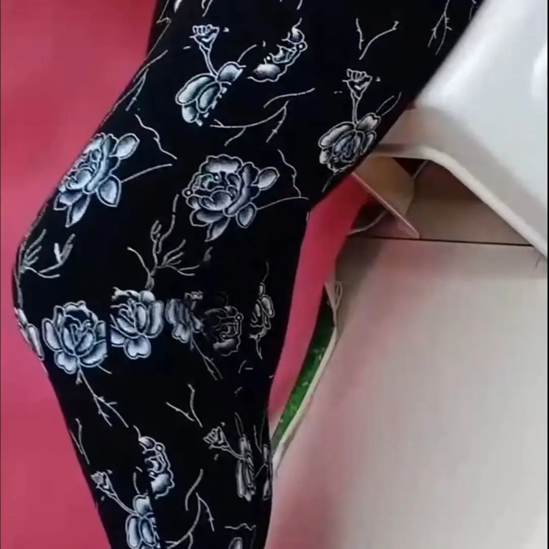 Schwarze Damen-Leggings mit Pailletten-Rosenmuster, hohe Taille, Bleistifthose in Übergröße