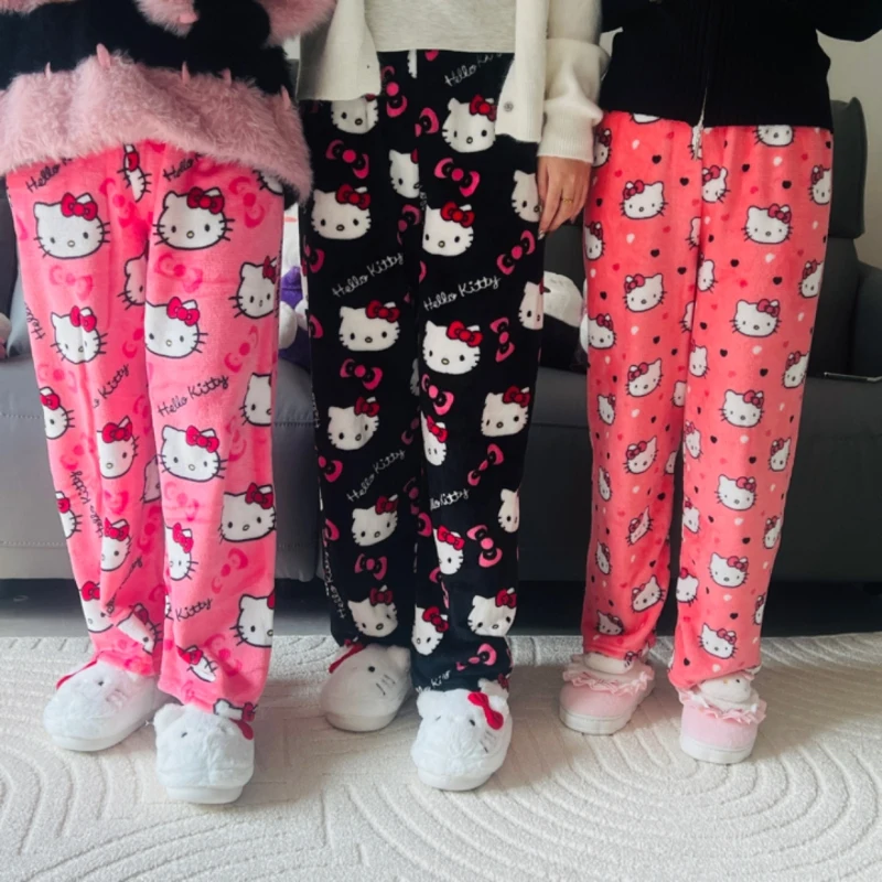 Sanrio Hello Kitty Pajamas Pants Black Pink Anime Flannel Women Warm Woolen White Christmas Loungewear Pant Autumn Gril Trousers