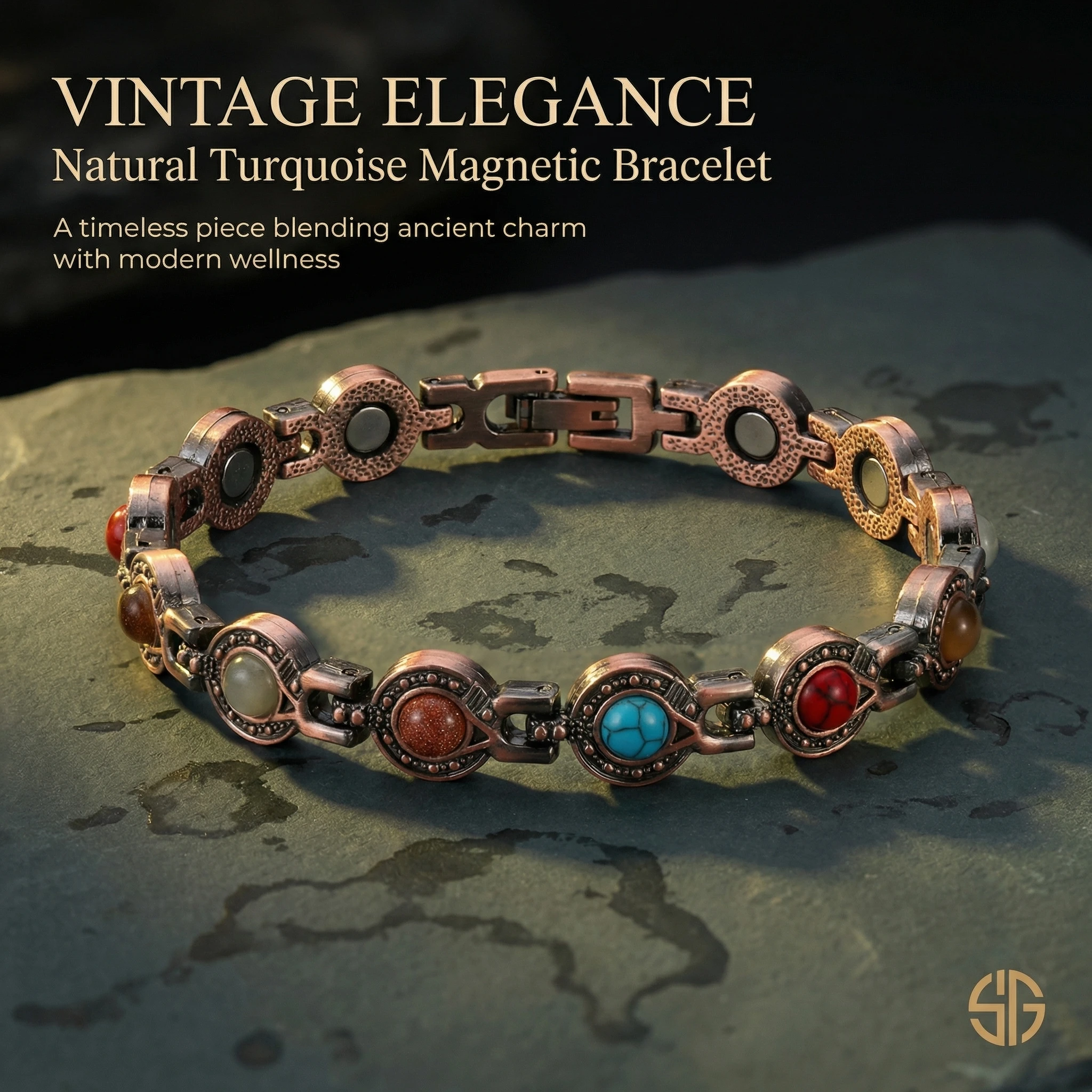 Pure Copper Bracelets for Women with Turquoise Ultra Strength Magnetic Wristband Jewelry Gifts