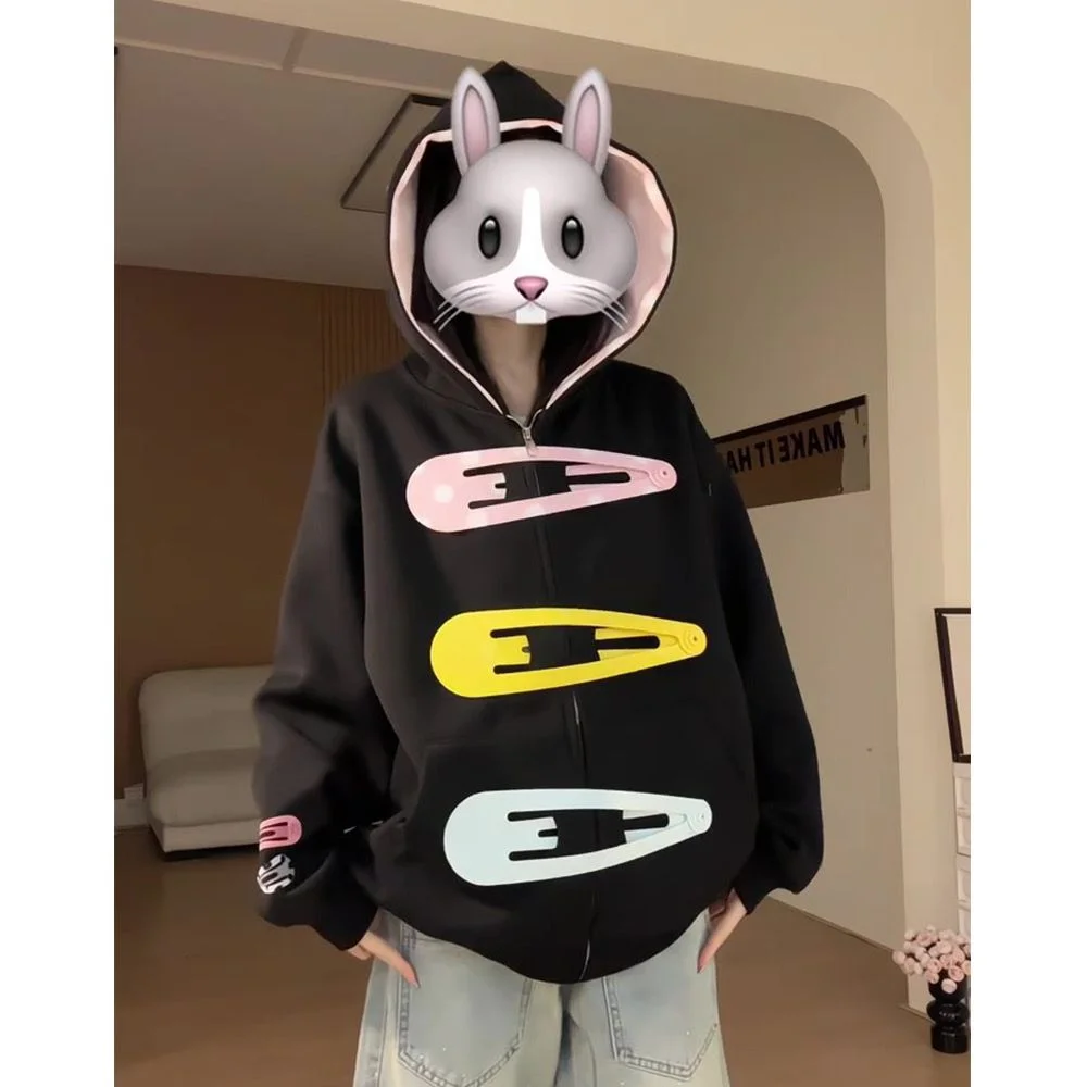 Rosa Gepunkteter Kapuzenpullover mit 3D-Haarspangen-Dekor Reißverschluss-Hoodie Übergroße Kawaii Streetwear-Jacke für Damen