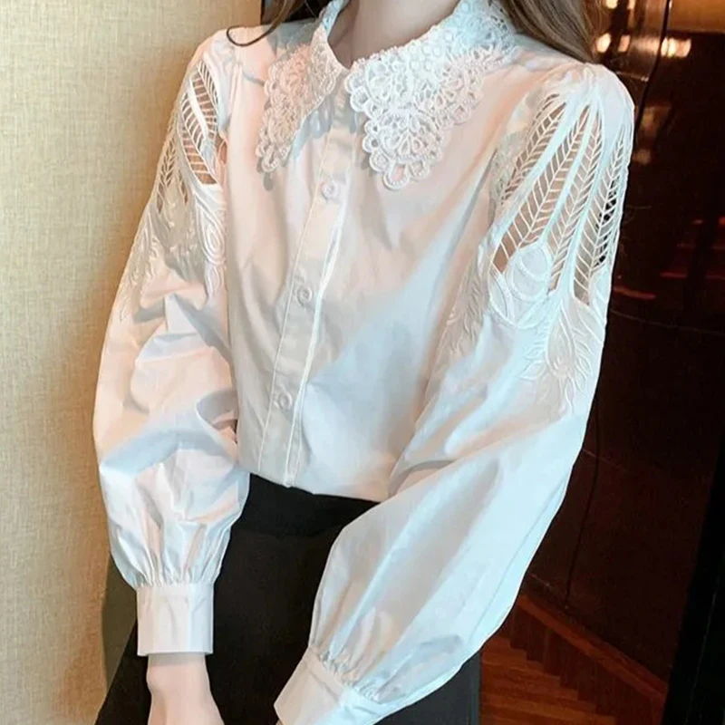 

White Jacquard Hollow Out Shirt Women Elegant Turn Down Collar Sweet Blouse Long Sleeve Commuter Single Breasted Embroidered Top