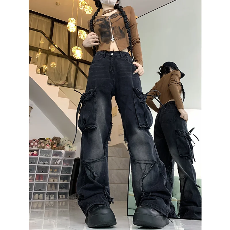 Women's Black Gothic Baggy Sense of Design Cargo Jeans Harajuku Y2k Aesthetic Jeans Pants Vintage Clothes Hip Hop Denim Trousers