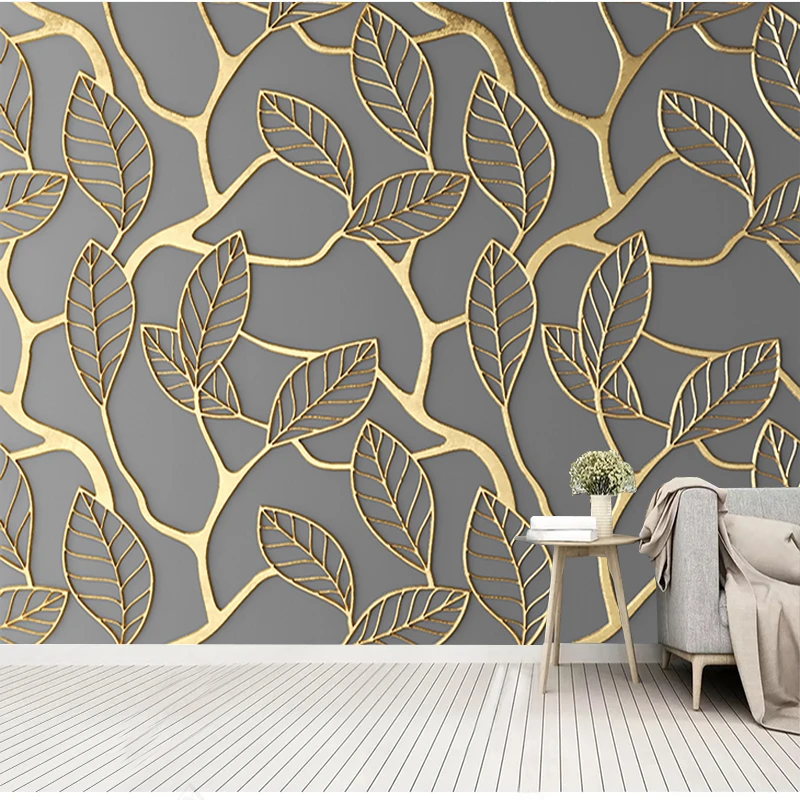 Custom Any Size Wall Cloth 3D Gold Papel Pintado De Pared  Leaves Mural Living Room Bedroom Decoration Wall Paper Roll Fresco