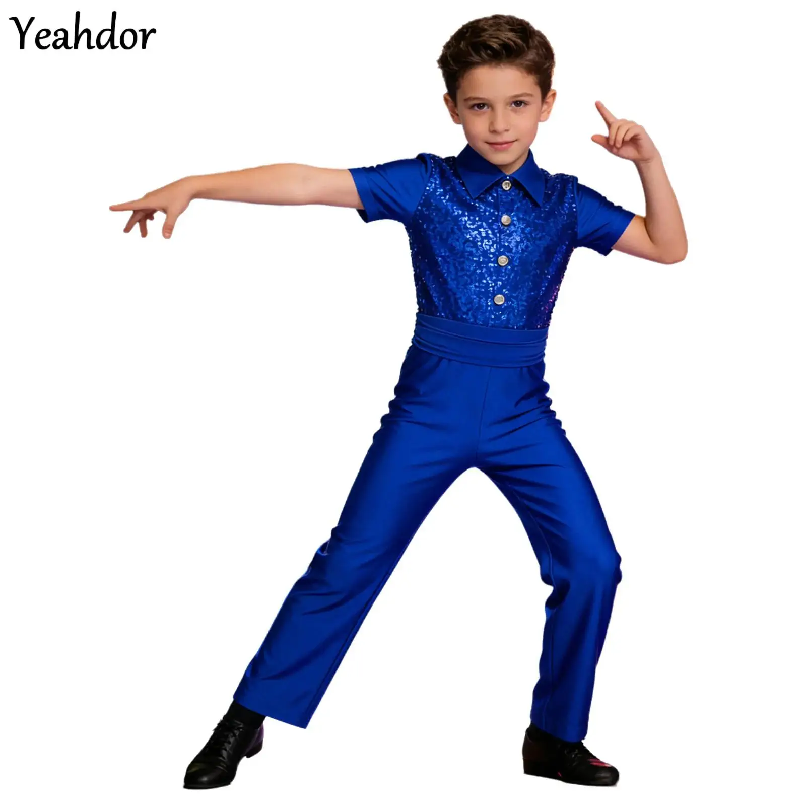 

Kids Boys Latin Dance Suit Sequins Short Sleeve Long Pants Full Bodysuit Gymnastics Leotard Skating Ballroom Performance Costume