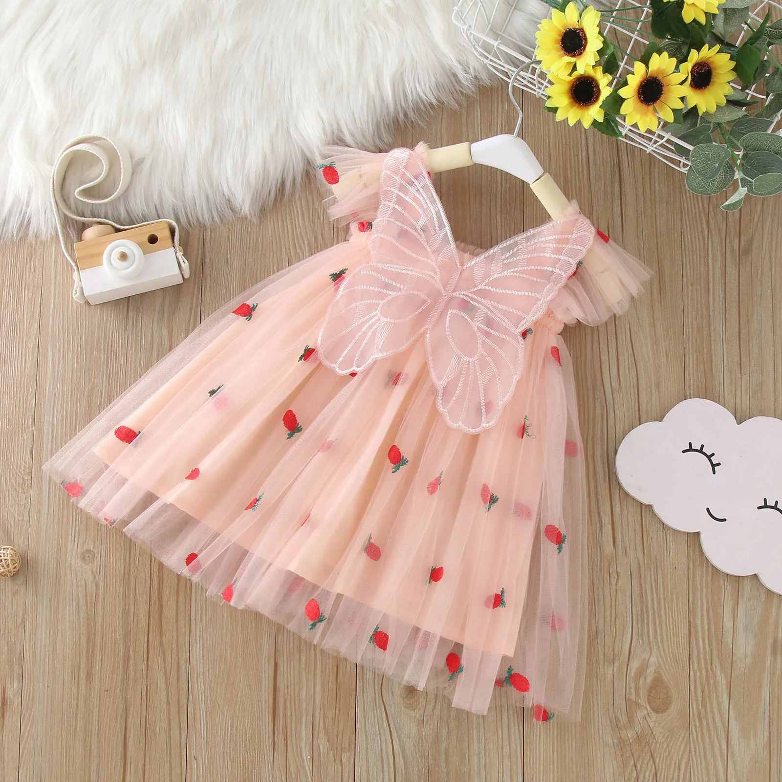 Baby Butterfly Dress with wings Cute Girl Embroidery Strawberry Summer New in Dresses Newborn Tulle Clothes For Party Birthday