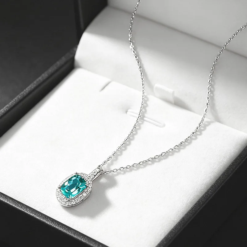 Luxury White Gold Ring Women's Platinum PT950 Cultivated Paraiba 6*8mm Fat Square Pendant Double Layer Surrounding Necklace