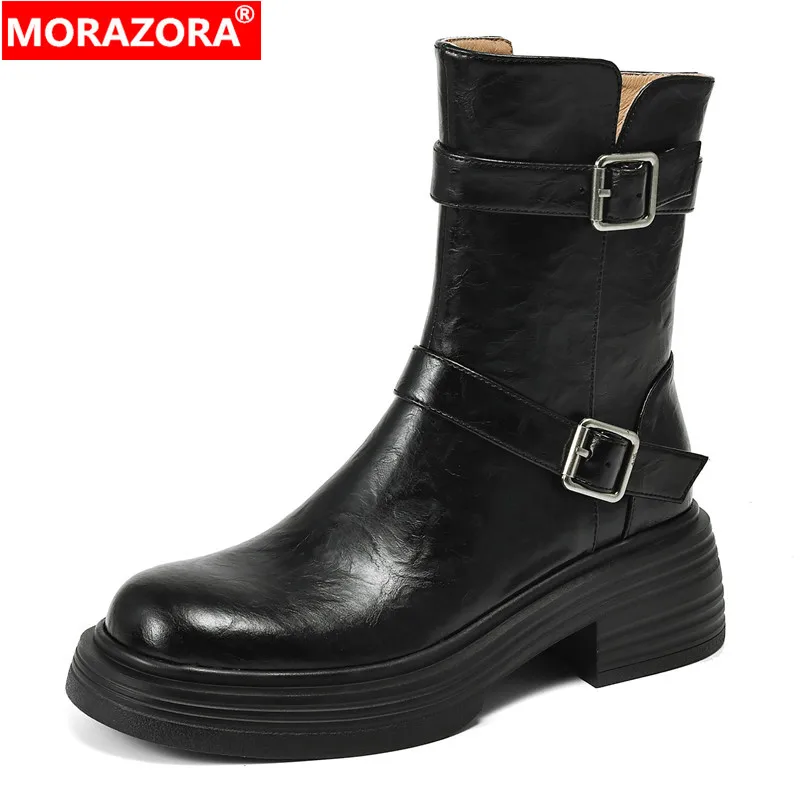 

MORAZORA 2024 New Genuine Leather Boots Women Buckle Round Toe Platform Ankle Boots Autumn Winter Ladies Riding Booties