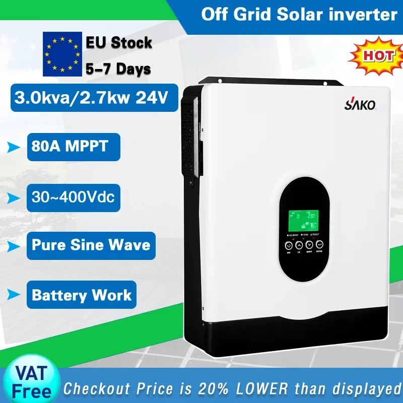 Sako 3.0KVA/2700W 24V High-Frequency Off-Grid Solar Inverter with MPPT 80A Solar Charger Controller, 230VAC Output, PV 30-400VDC