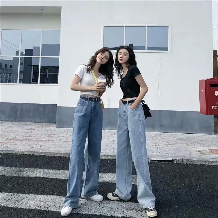 Korean Version of Fashion Casual Straight Leg Jeans Women Four Seasons New Simple High Waist Wide Leg Pants Floor-length Jeans