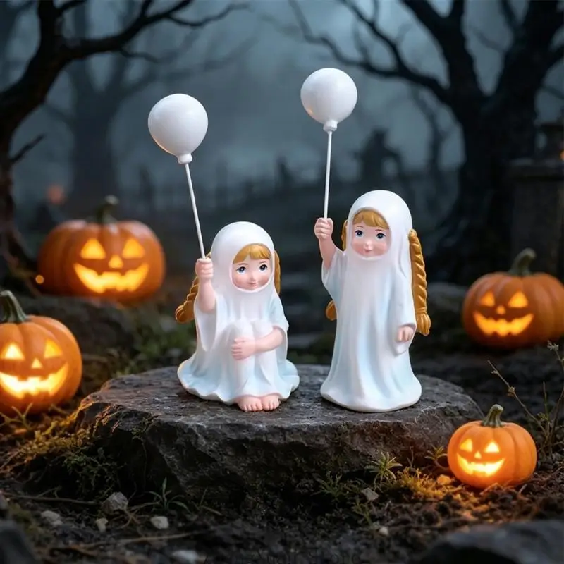 Halloween-Geistermädchen-Figuren-Set, 2-teilige Tischdekoration aus Kunstharz mit weißem Ballon-Detail für Kaminsims, und – Detail 7