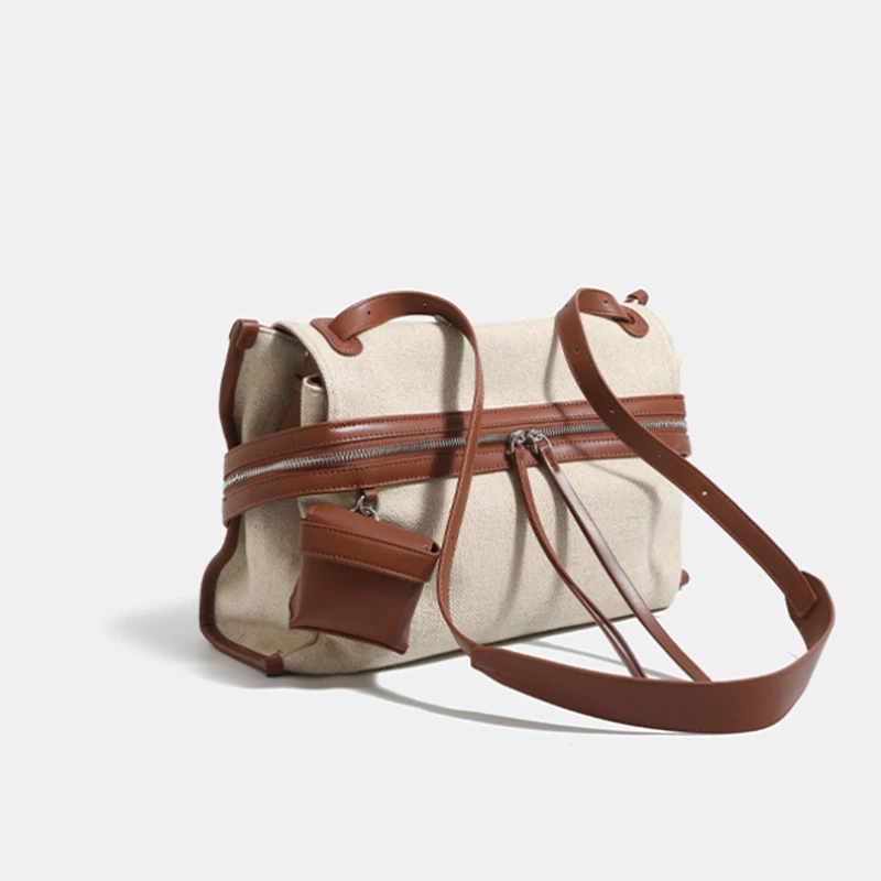 Women's Retro Canvas & Pu Leather Shoulder Bag Fashion Color-block Flap Handbag With Mini Coin Purse Dual-zipper Spacious Tote
