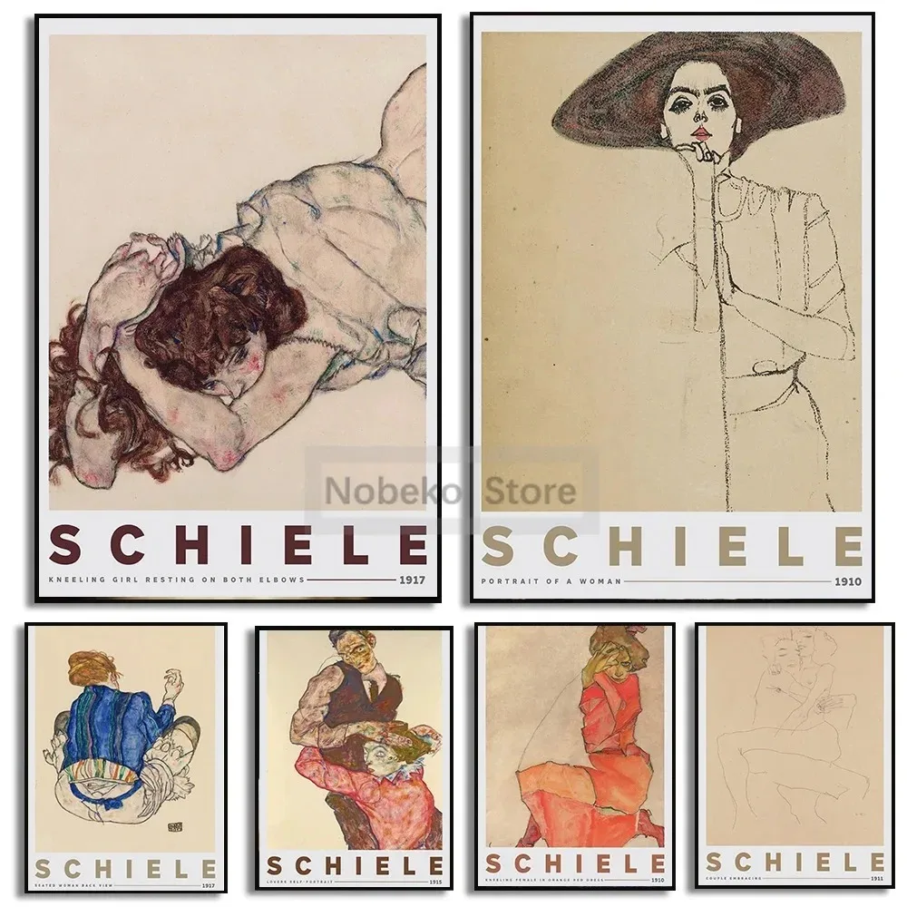 Abstract Art Egon Schiele Expressionism Vintage Sketch Poster and Prints Gift Canvas Painting Wall Art Pictures Home Room Decor