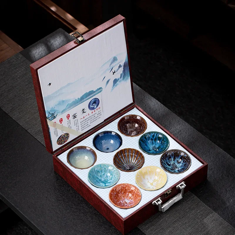 Multi-color Teacup Kiln Turns into Nine-color Teacup Light Luxury Gift Box Kung Fu Tea Set Master Cup Ceramic Bamboo Hat Tea Cup
