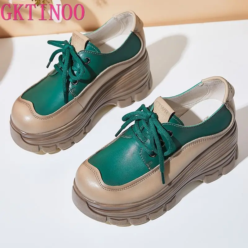 GKTINOO 2024 Fashion Spring Women Shoes Genuine Leather Lace-Up Flat Platform Sneakers Women Thick Bottom Casual Shoes Footwear