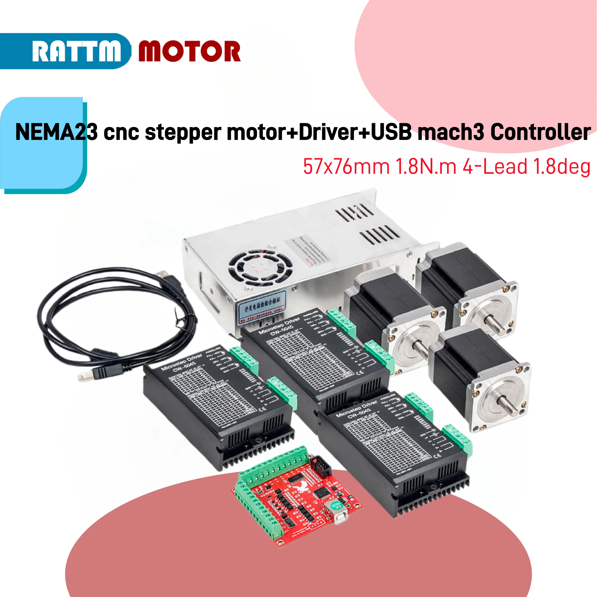 3 4 Axis Kit CNC NEMA23 cnc stepper motor 57x76mm 1.8N.m 4-Lead 1.8deg driver CW5045 USB mach3 Controller+400W 36V power supply