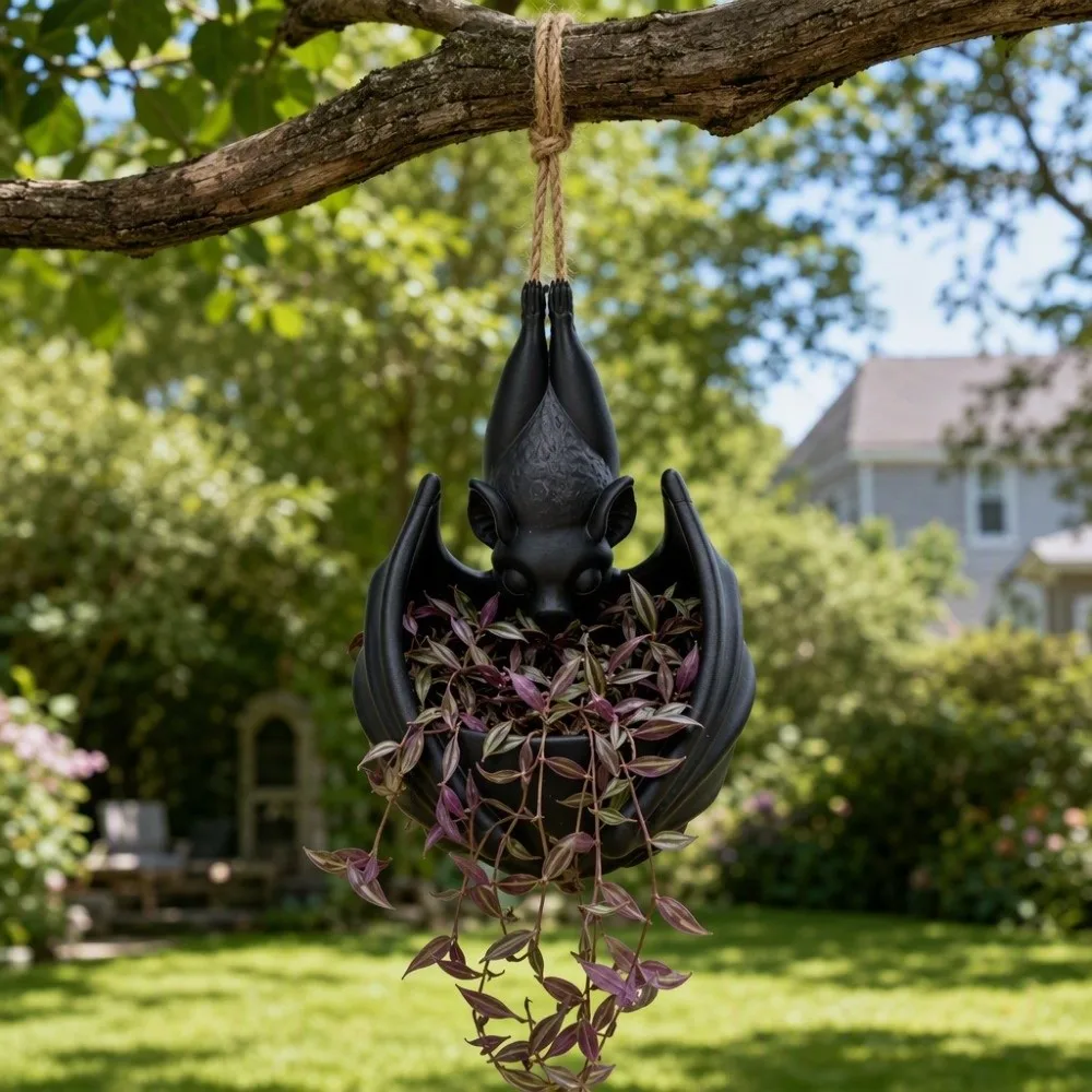 Bat Shaped Bat Hanging Planter Gothic Style with Hanging Rope Hanging Flower Pot Plastic Hanging Plant Container Halloween Decor