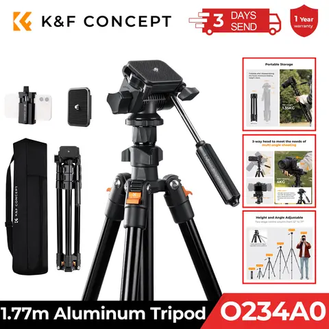 Trípode de cámara K & F Concept de 196cm, trípode de vídeo ligero de aluminio con cabezal de 3 vías para DSLR y soporte para teléfono móvil O234A5 + BV01