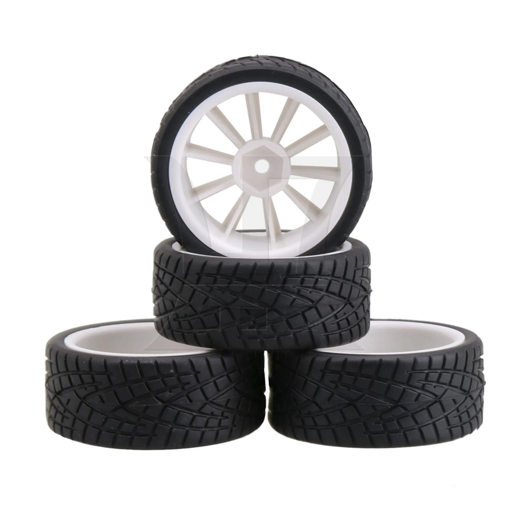 4Pcs Black Fish Patter Rubber Tyres+ White Plastic 10-Spoke Wheel Rim