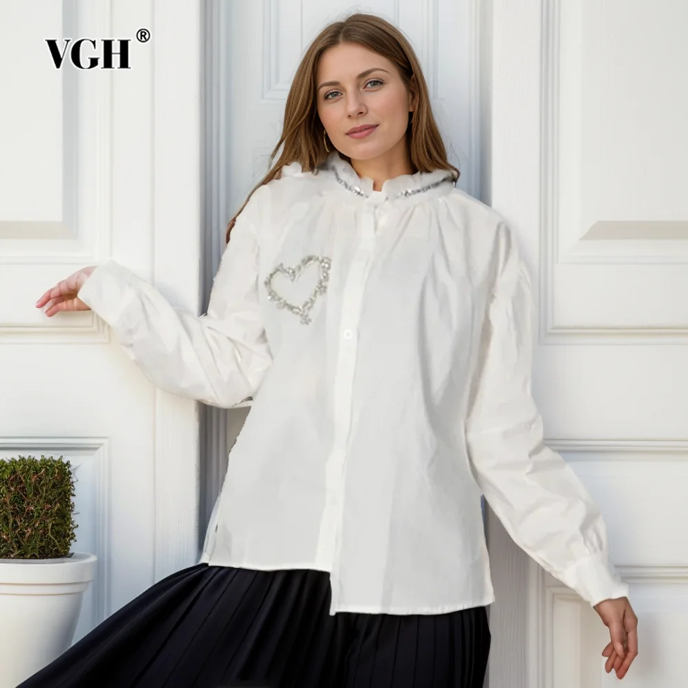 

VGH Solid Patchwork Diamonds Shirts For Women Stand Collar Long Sleeve Spliced Button Minimalist Loose Blouses Female Fashion