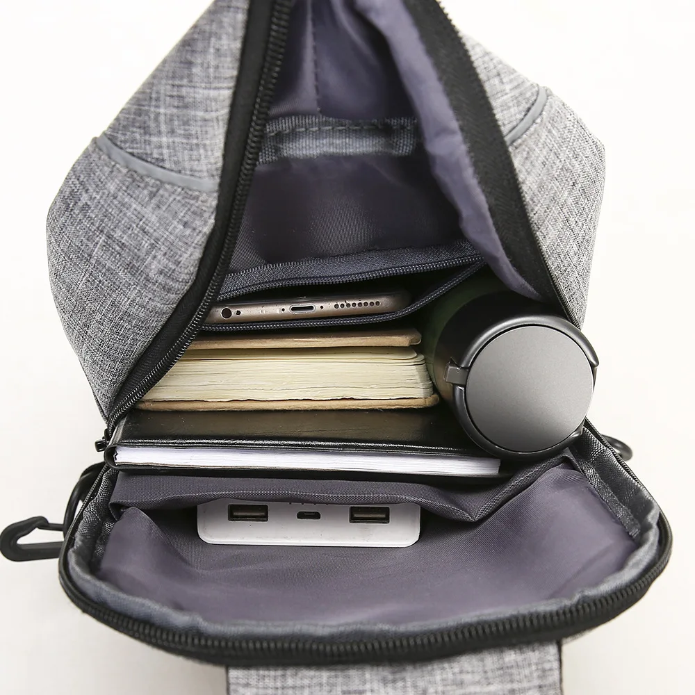 

Creative Men's Chest Bag Outdoor Casual USB Faion Small Crossbody Bag Polyester Pure Color Foldable New Sle Faionable