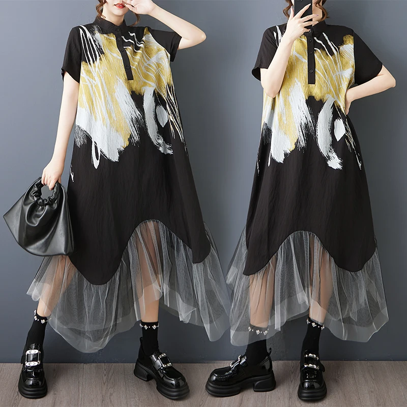 Estate nuovo allentato di grandi dimensioni stampato Me Splice Casual Sweet ort Sve irt Dr sopra il ginocchio misto cotone poliestere Dr