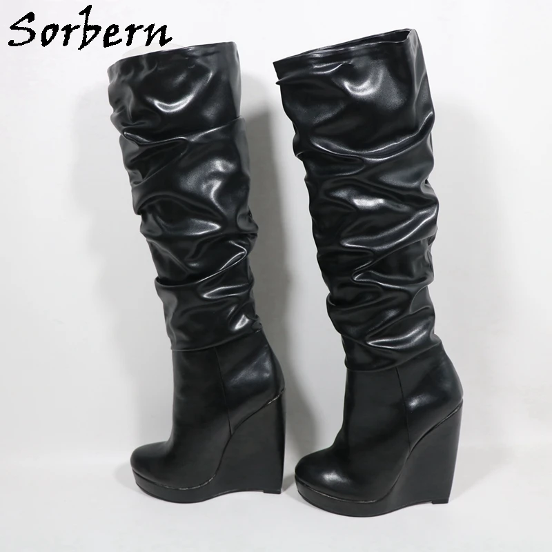 Sorbern Unisex Knee High Boots Women Wrinkle Visible Platform Wedges High Heels Shaft Height Narrow Heel Back Custom Leg Size