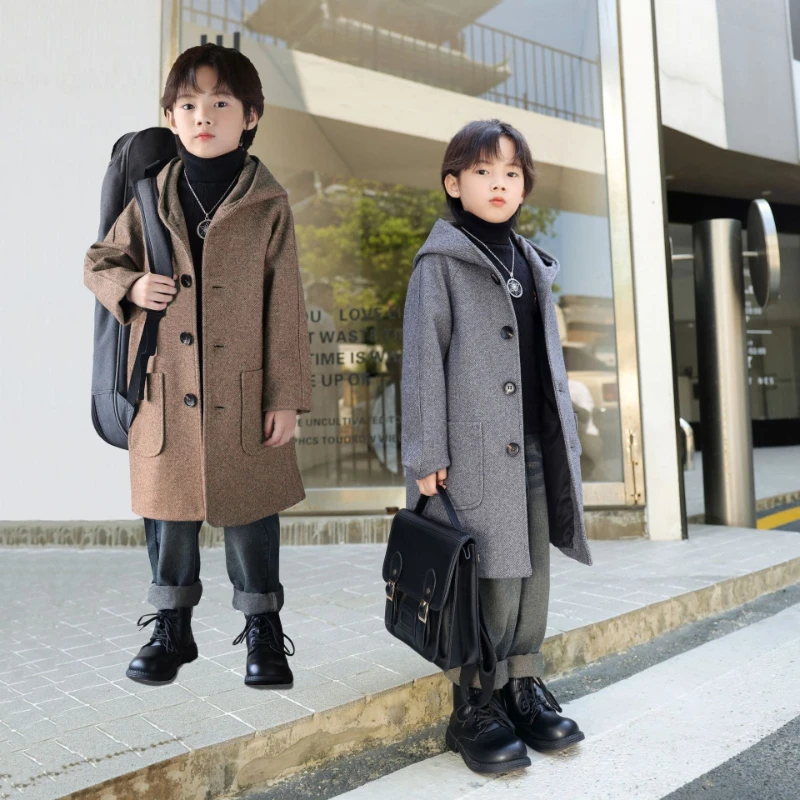 

Boys Wool Blend Coat New, Winter Thick Kids Jacket for Big Children Korean Style Trendy