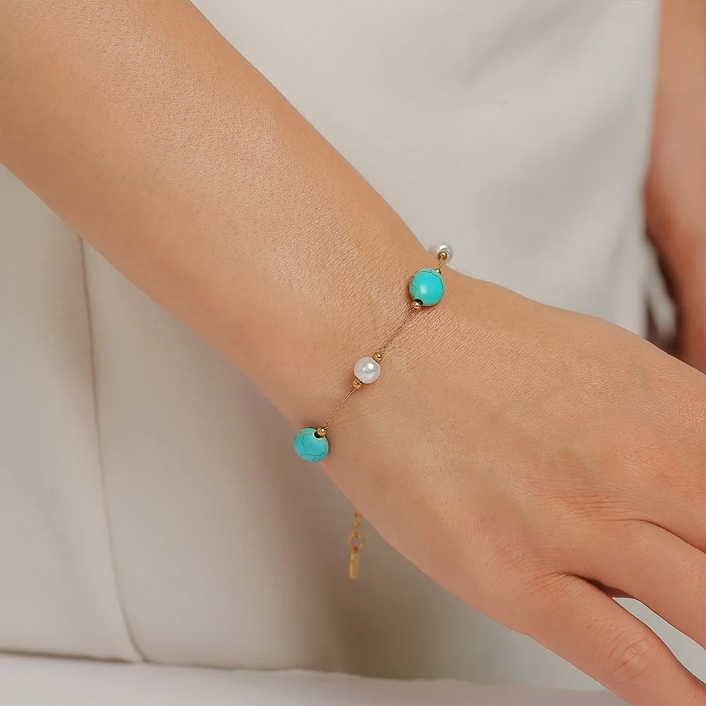Turquoise Stones Pearl Necklace Bracelet Women Set Stainless Steel Natural Stone Beaded Pendant Female Necklaces Luxury Jewelry