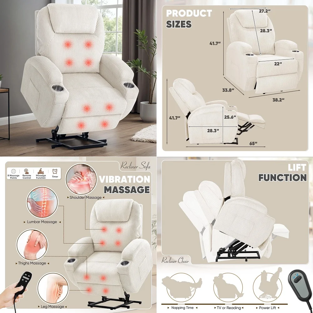 

Electric Power Lift Recliner Chair for Elderly Reclining Sofa for Living Room with Massage, Side Pockets and Cup Holders Cordur
