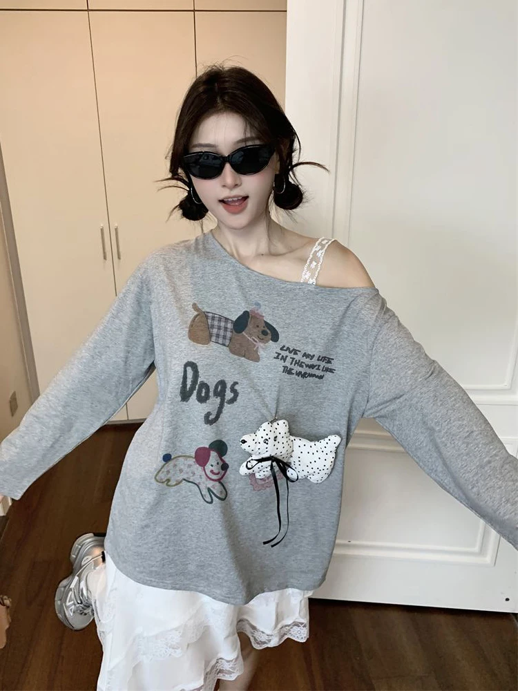 

3D Cartoon Off Shoulder T Shirts Women Cute Loose Long Sleeve Y2K Tees Kawaii Fall Lazy Wind Streetwear Vintage Casual Tops New