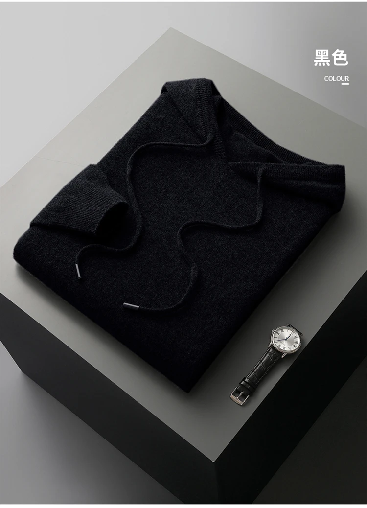 DjzDsm 100% Merino Wool Men's One-piece Ready-to-Wear Hoodie Knitted Sweatshirt Autumn Winter Casual Large Top Long Sleeved