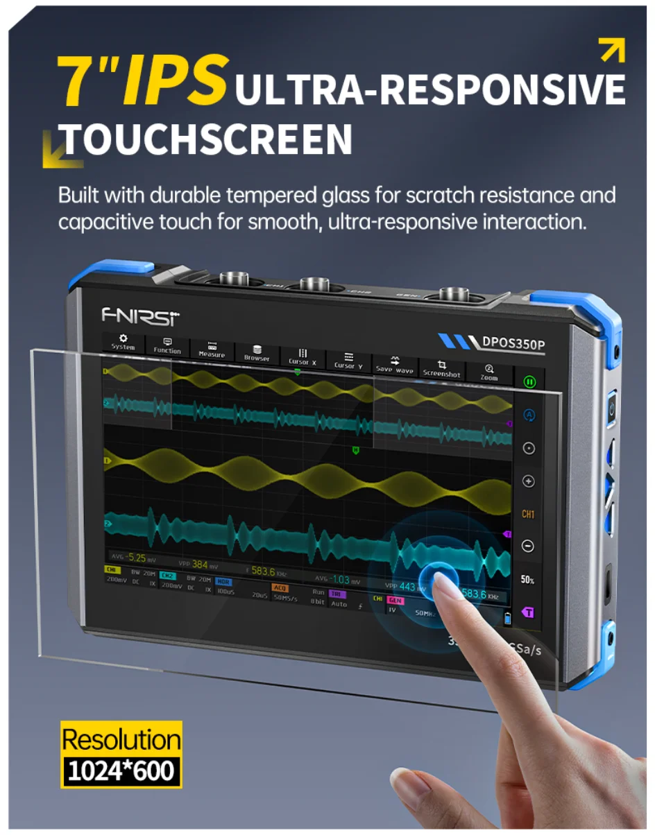 FNIRSI DPOS350P 4-in-1 Tablet-Oszilloskop – 350 MHz, Spektrumanalysator, Frequenzganganalysator & DDS-Generator, 2-Kanal Handoszilloskop Mit 1 GSa/s, 7-Zoll Touchscreen, Digitaler Phosphor