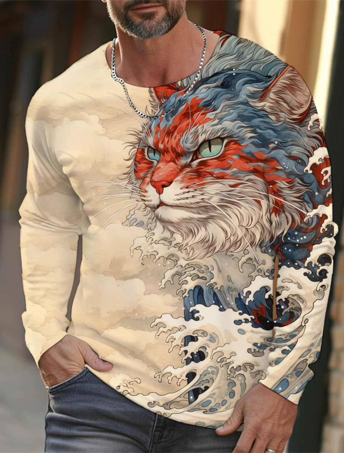 2024 new men's Ukiyoe long-sleeved T-shirt 3D printing high-definition wave cat printing men's autumn casual round neck top