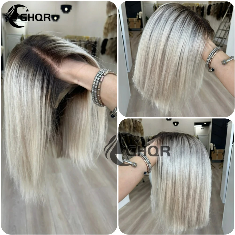 Platinum loira bob perucas de cabelo humano raízes escuras transparente frente do laço colorido em linha reta loira 100 perucas de cabelo humano mulher