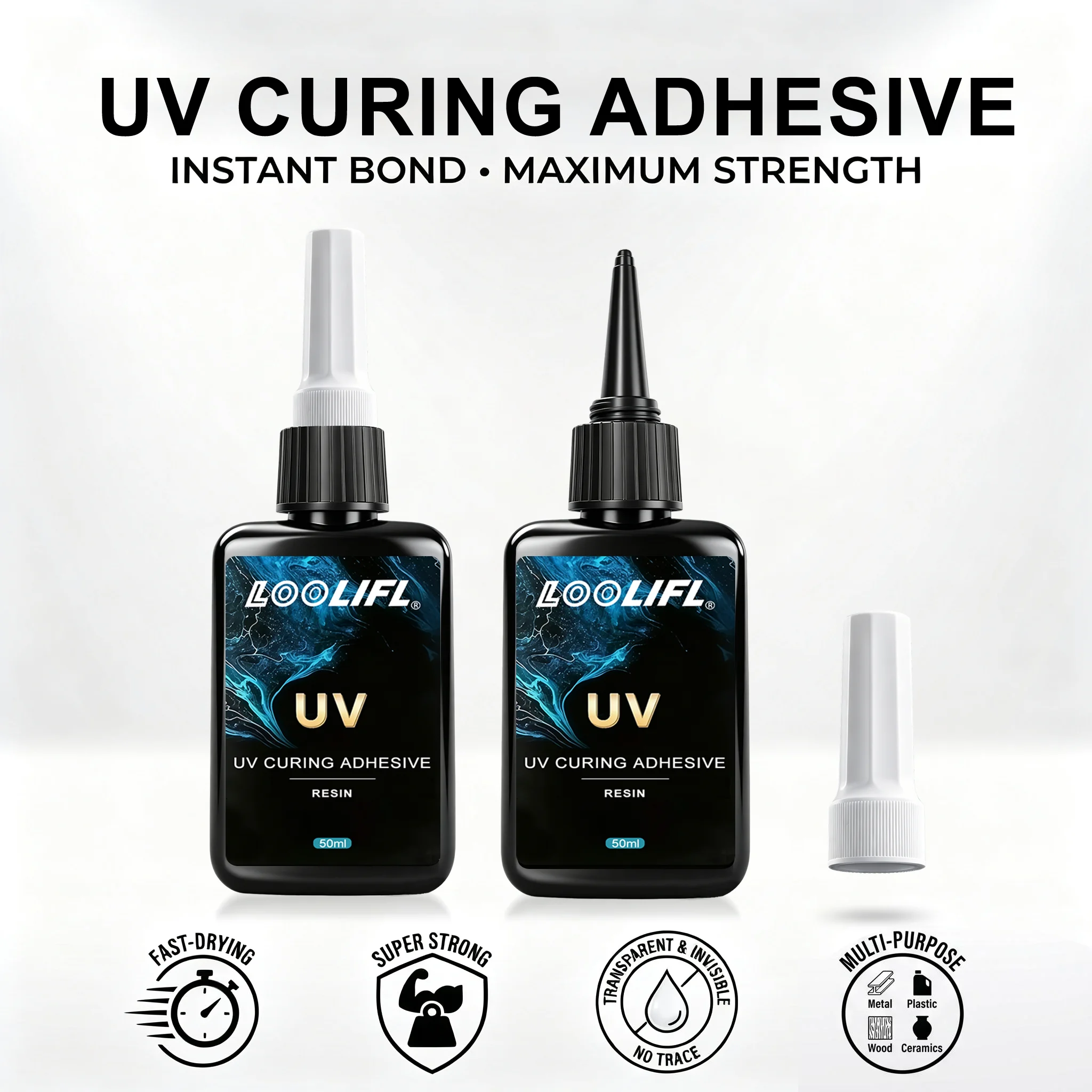 Loolifl 50ml Uv Curing Adhesive, High Transparency Uv Resin Shadowless Glue, Fast Curing Strong Bonding Transparent Uv Glue, Suitable for Glass, Crystal, Plastic, and DIY Crafts