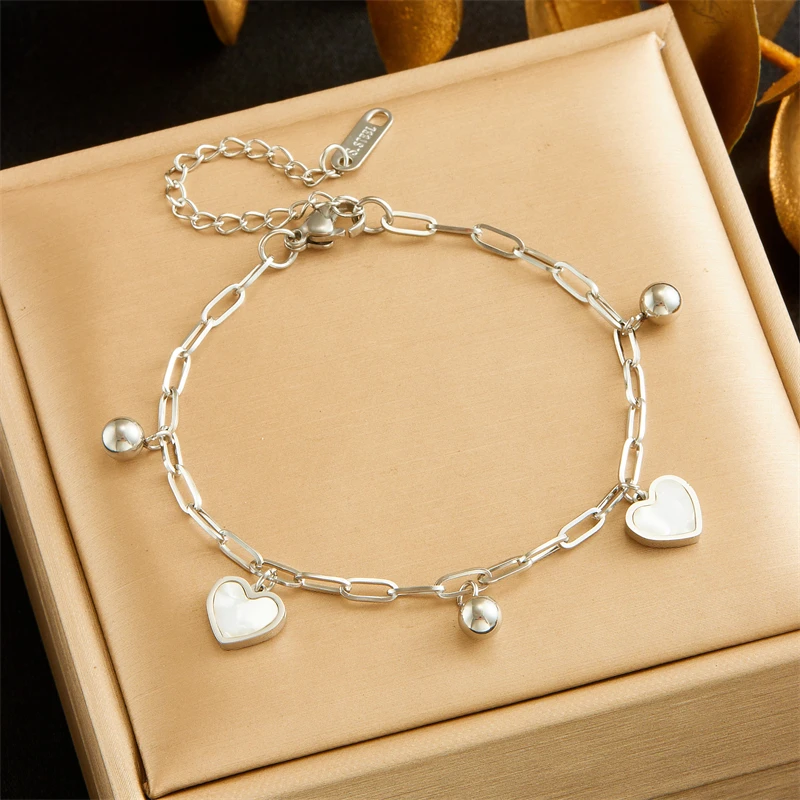 DIEYURO 316L Stainless Steell Heart Double-deck Bracelet New Trend Small Round Bead Non-fading Love Hand Chain Jewelry Gift image 5