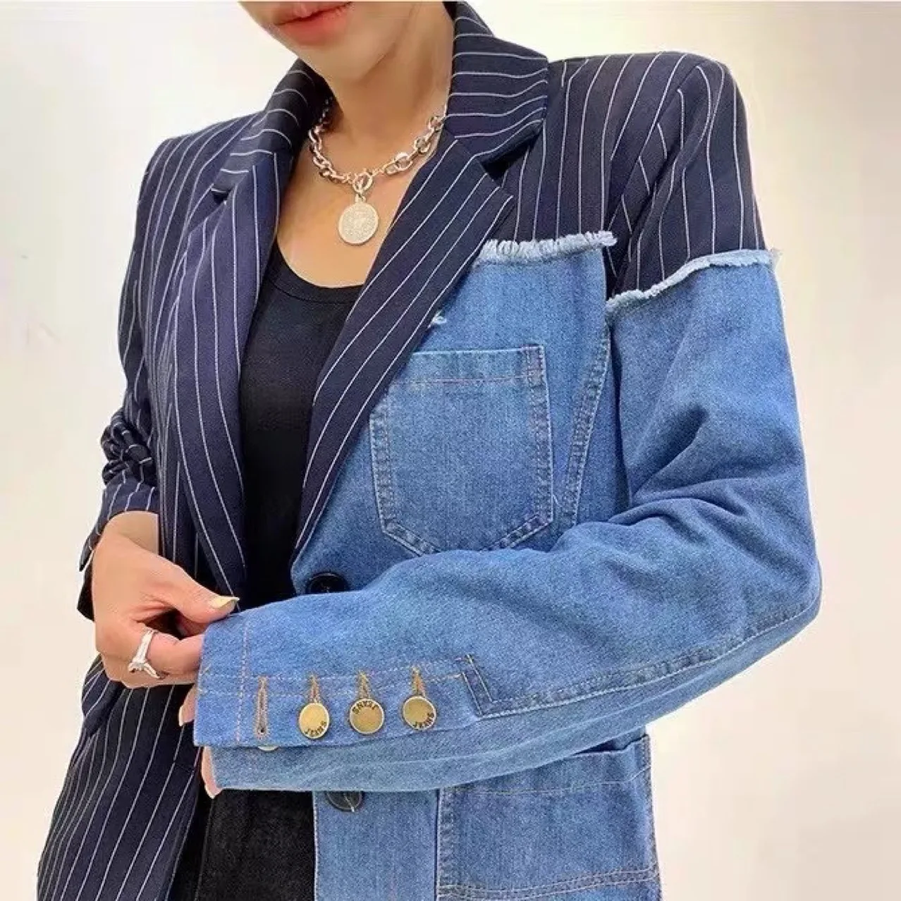 Spring Autumn Women Striped Denim Spliced Suits Jacket Jeans Patchwork Blazers Coat OL Turn Down Collar Irregular Cardigan Tops